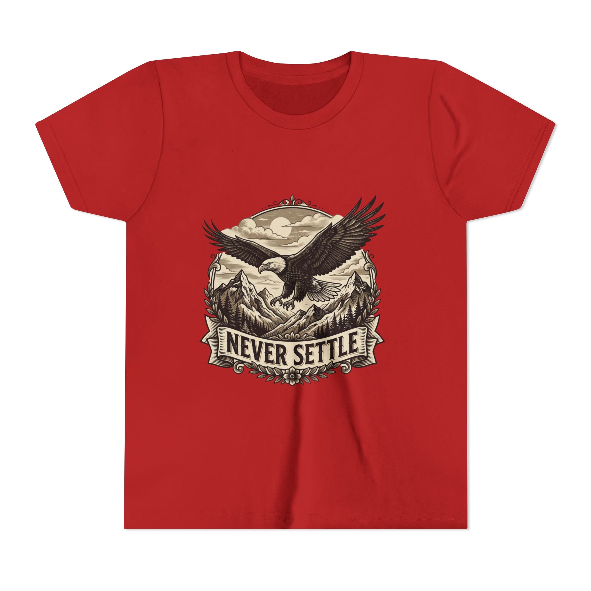 Never Settle Eagle Tee | Youth T-Shirt, Mountain Adventure Graphic