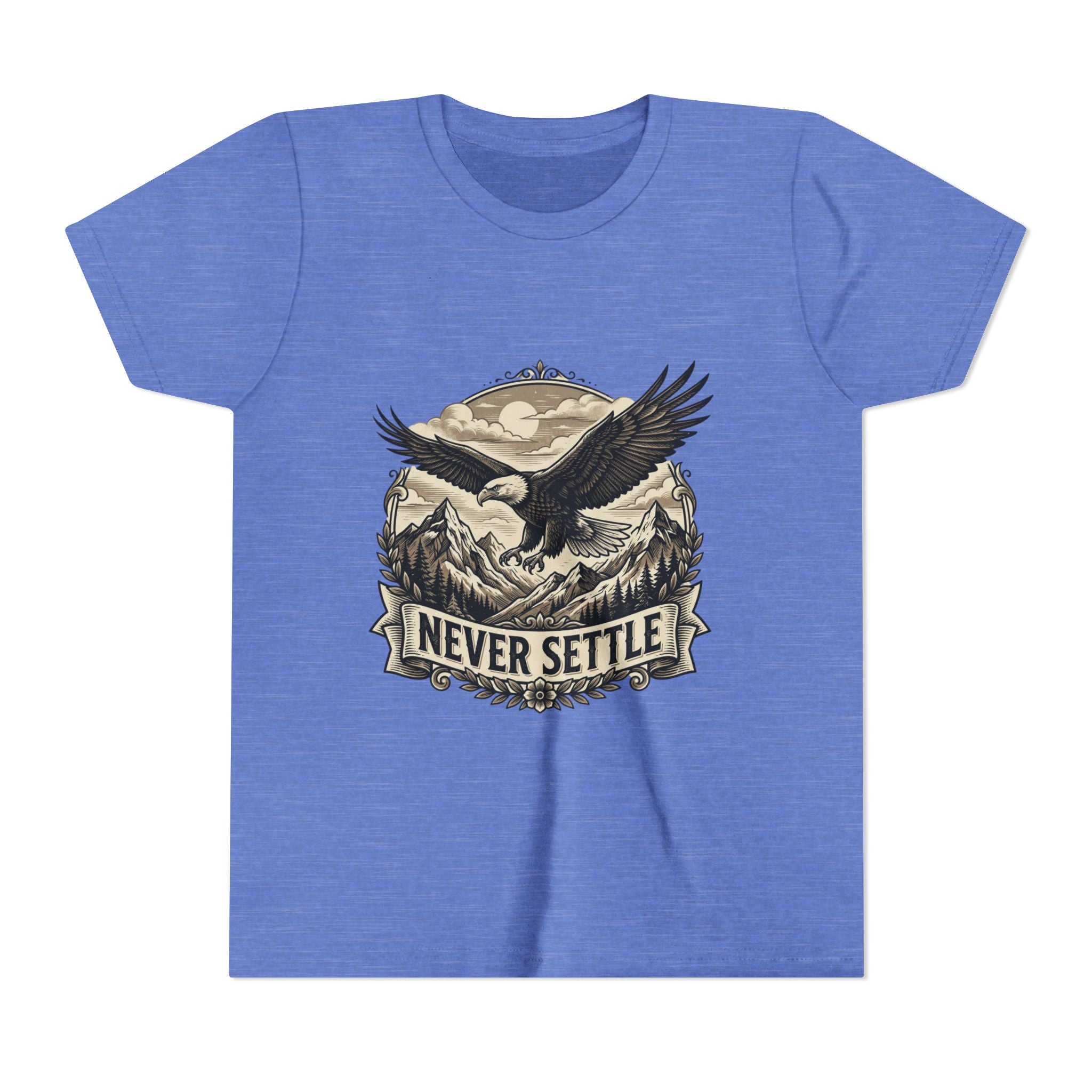 Never Settle Eagle Tee | Youth T-Shirt, Mountain Adventure Graphic