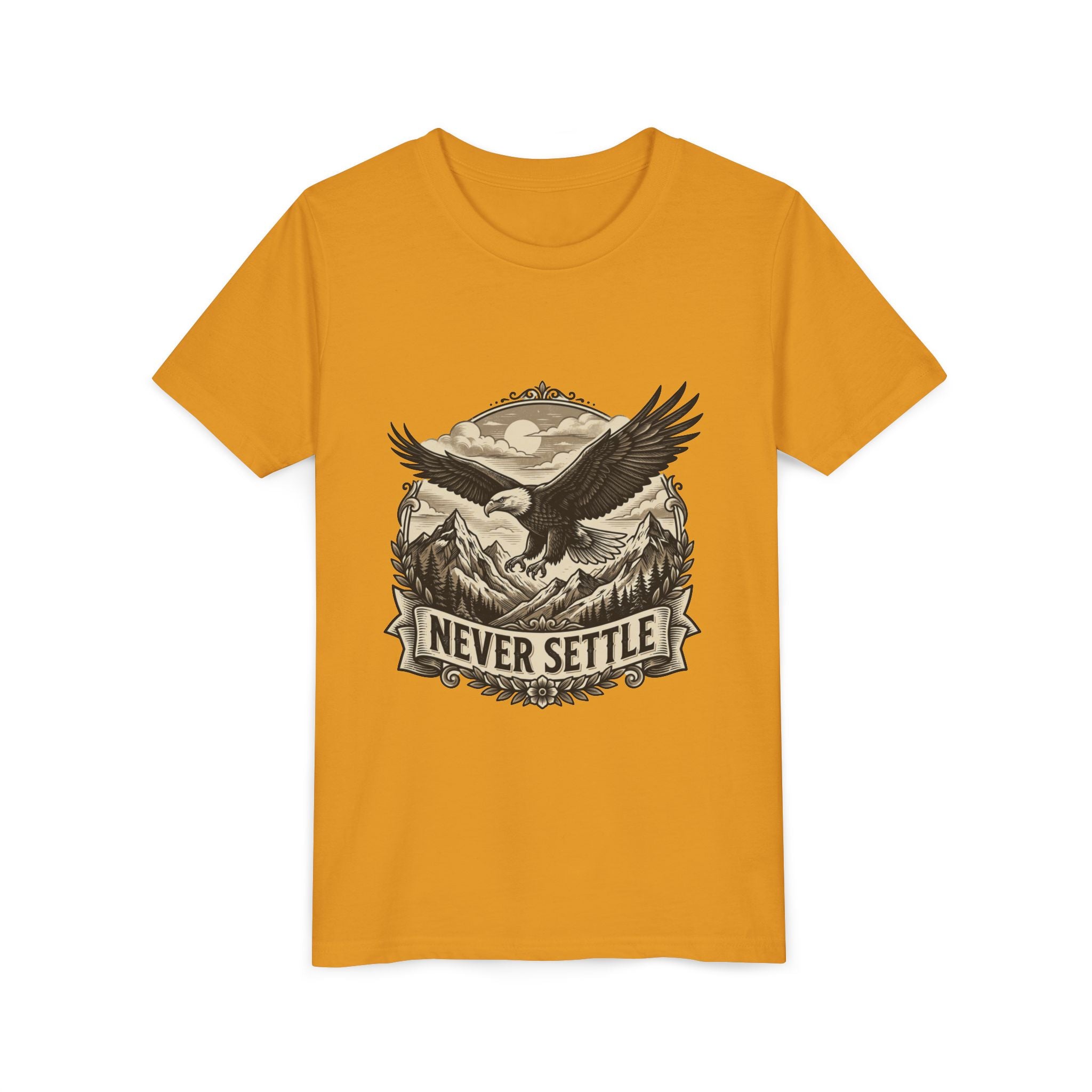 Never Settle Eagle Tee | Youth T-Shirt, Mountain Adventure Graphic