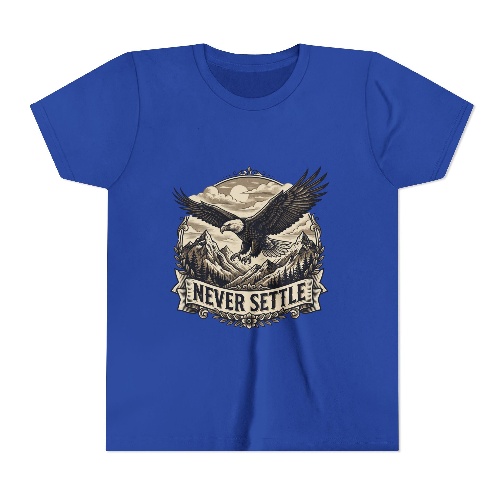 Never Settle Eagle Tee | Youth T-Shirt, Mountain Adventure Graphic