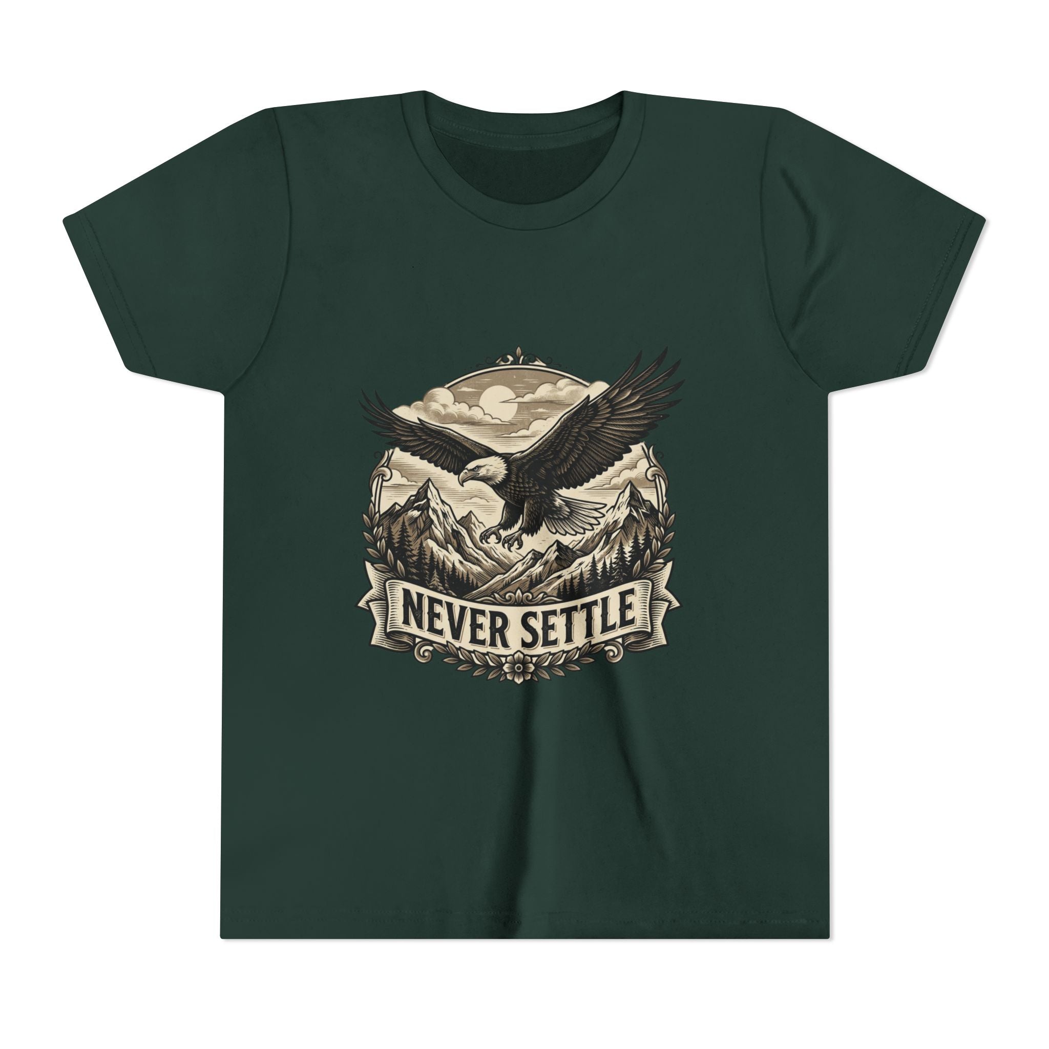 Never Settle Eagle Tee | Youth T-Shirt, Mountain Adventure Graphic