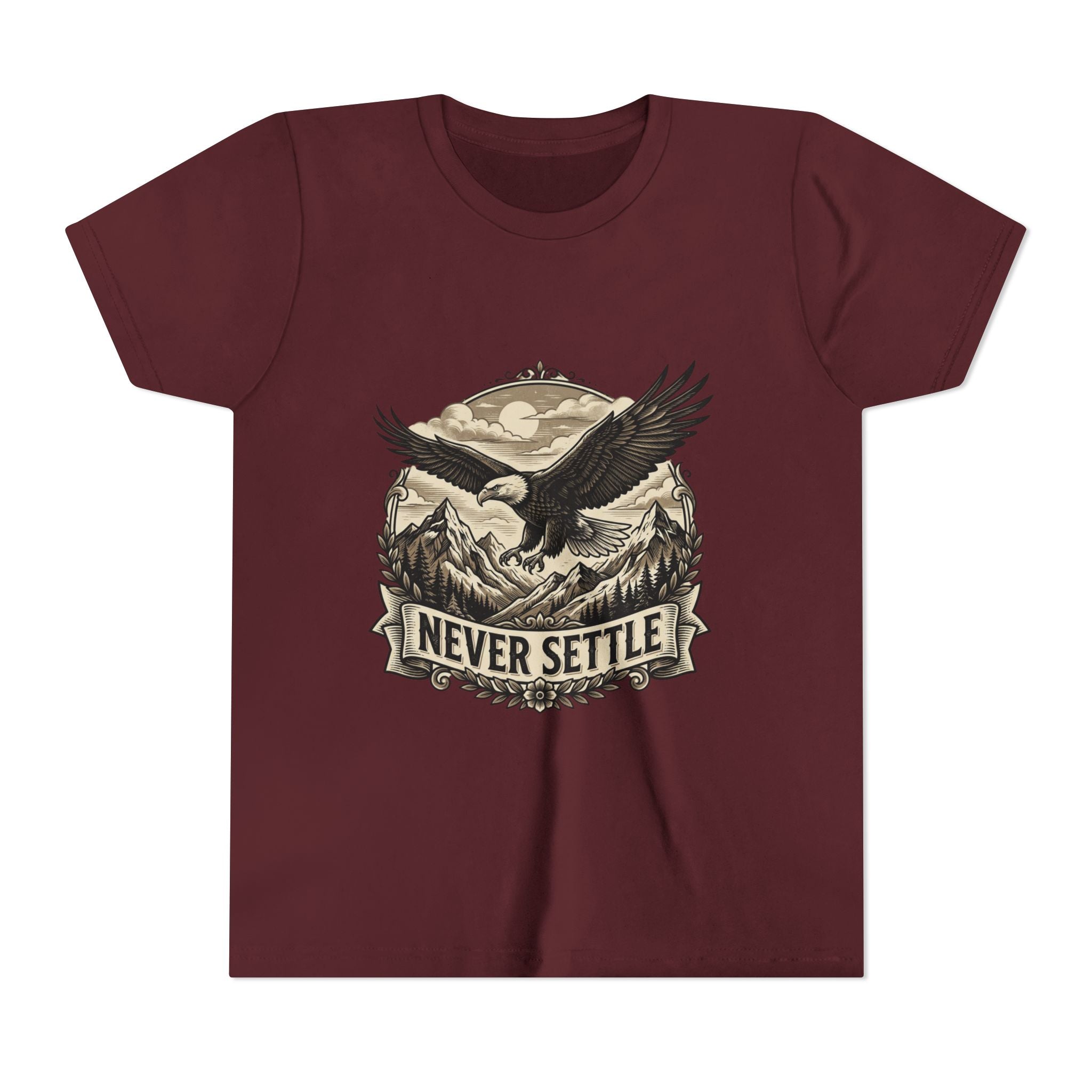 Never Settle Eagle Tee | Youth T-Shirt, Mountain Adventure Graphic