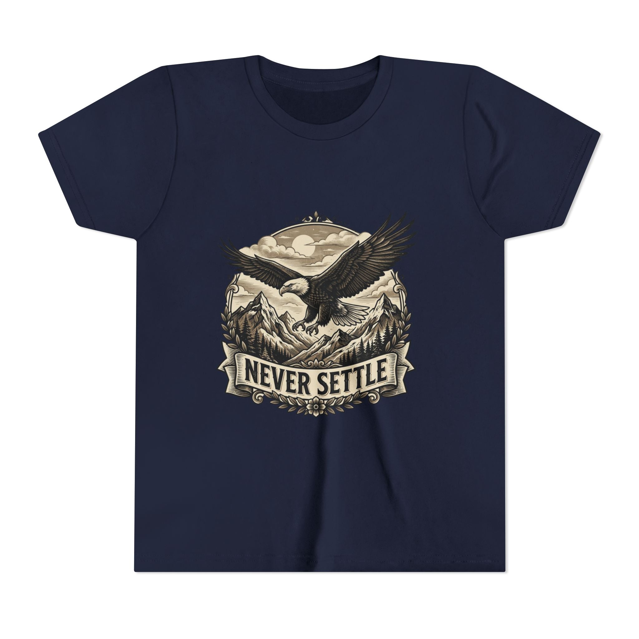 Never Settle Eagle Tee | Youth T-Shirt, Mountain Adventure Graphic