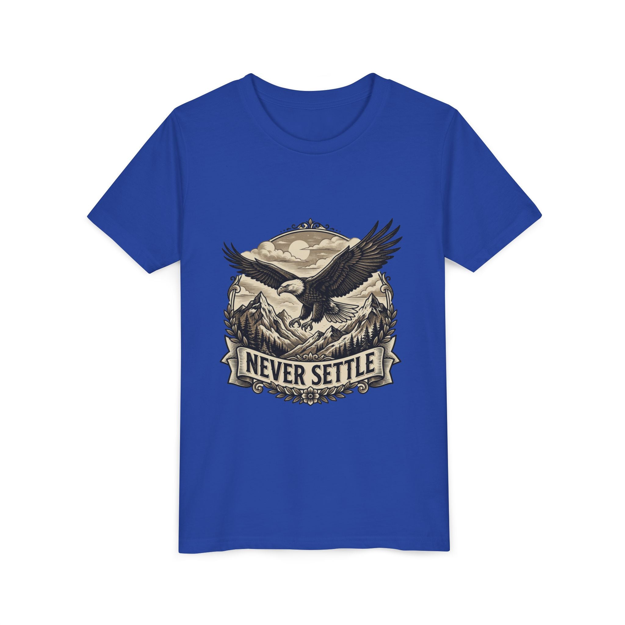 Never Settle Eagle Tee | Youth T-Shirt, Mountain Adventure Graphic