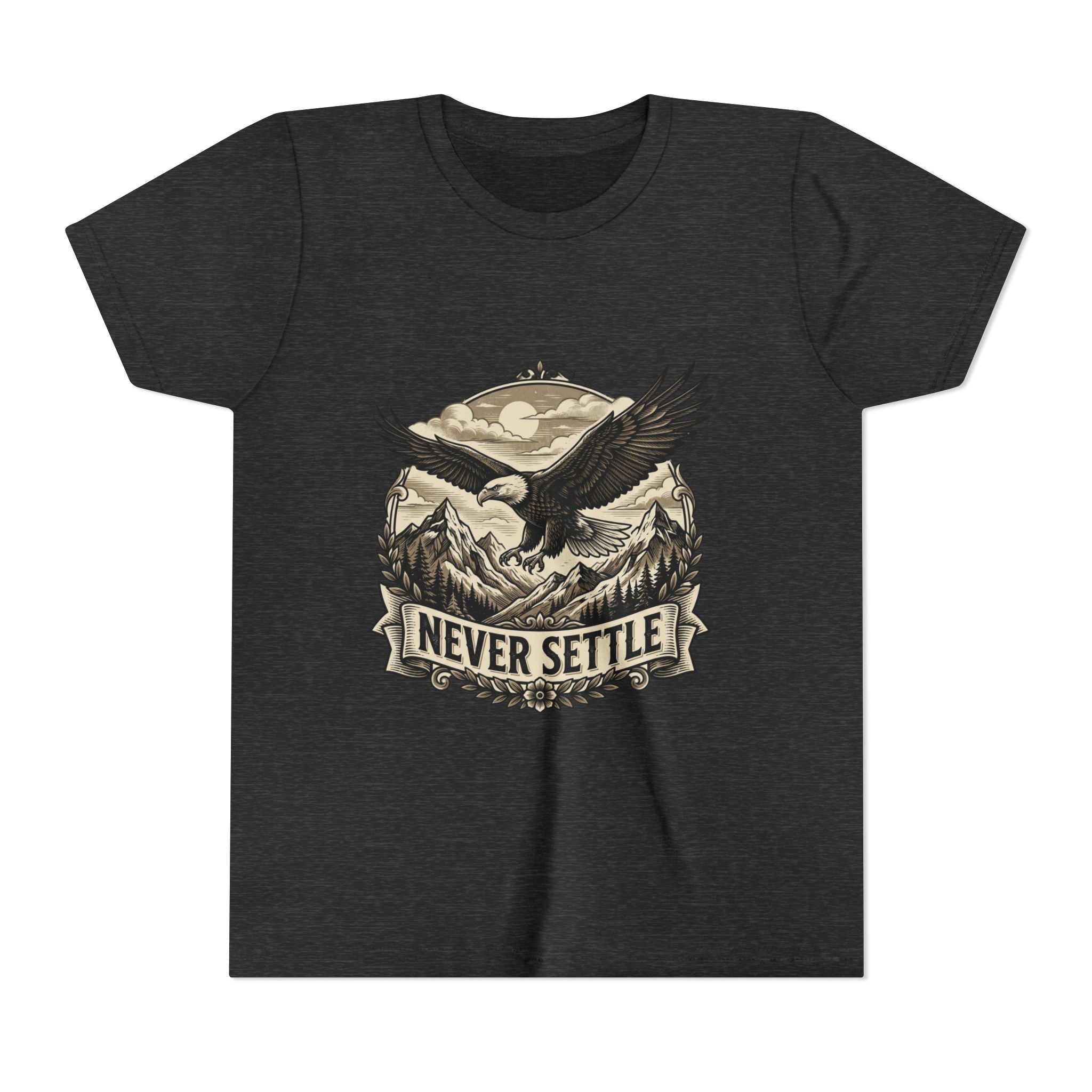Never Settle Eagle Tee | Youth T-Shirt, Mountain Adventure Graphic