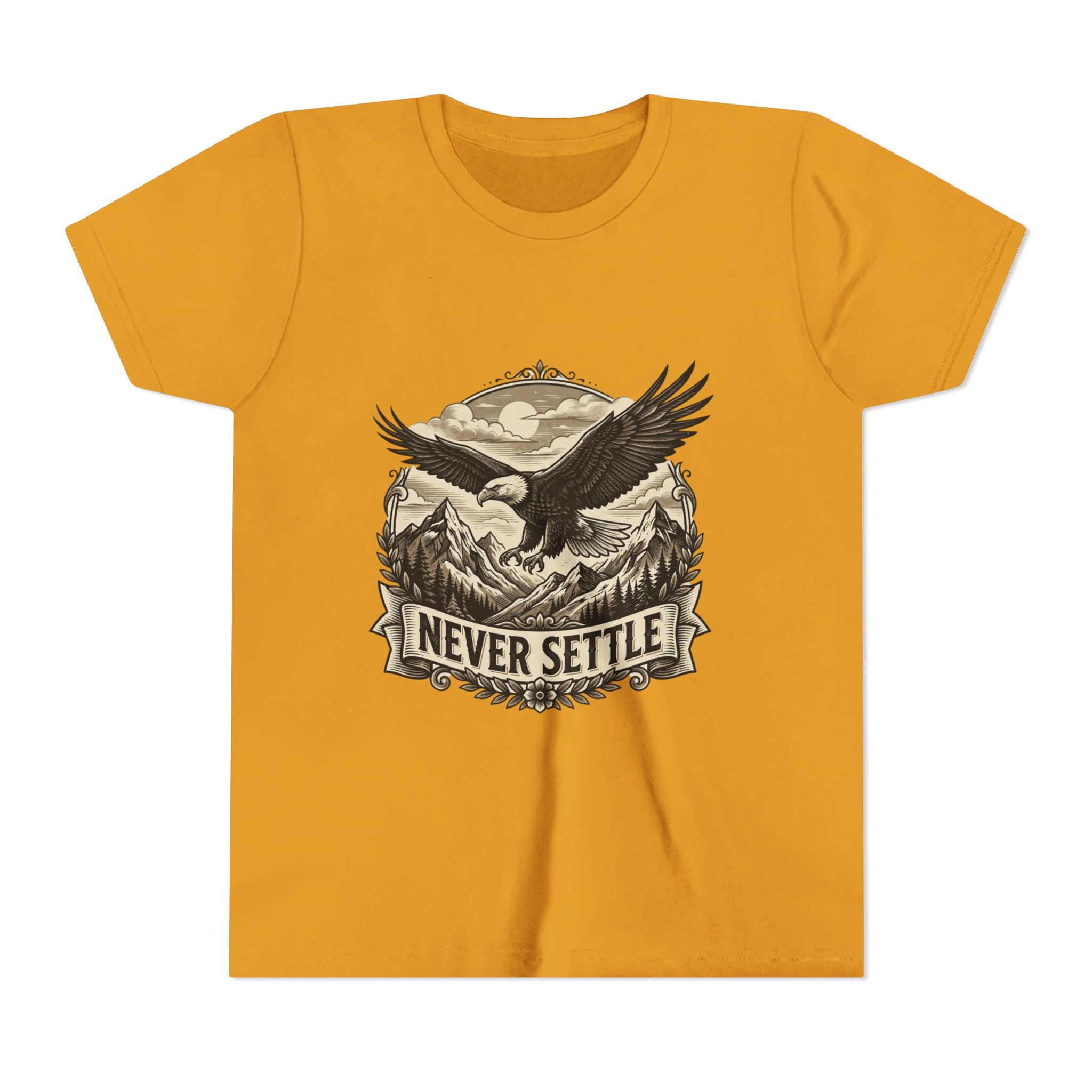 Never Settle Eagle Tee | Youth T-Shirt, Mountain Adventure Graphic
