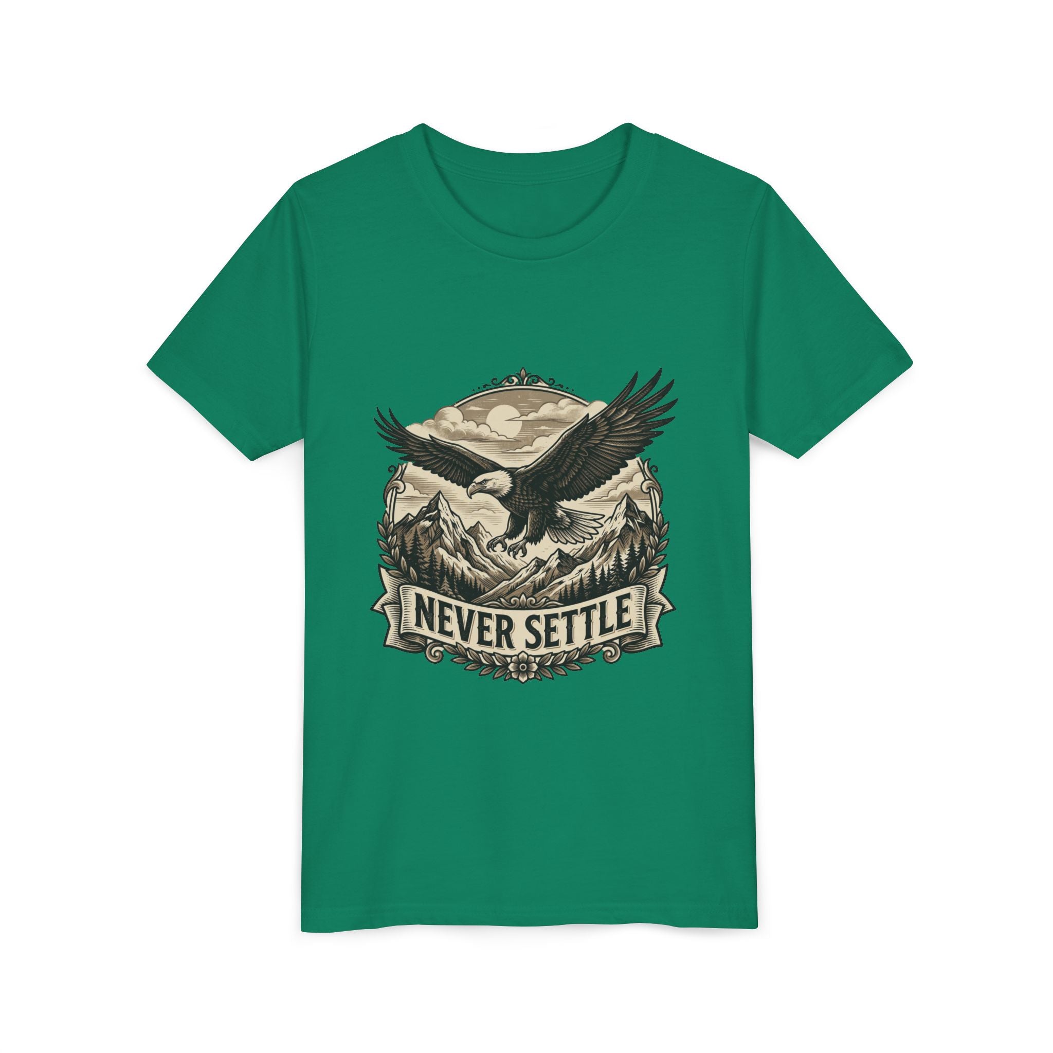Never Settle Eagle Tee | Youth T-Shirt, Mountain Adventure Graphic