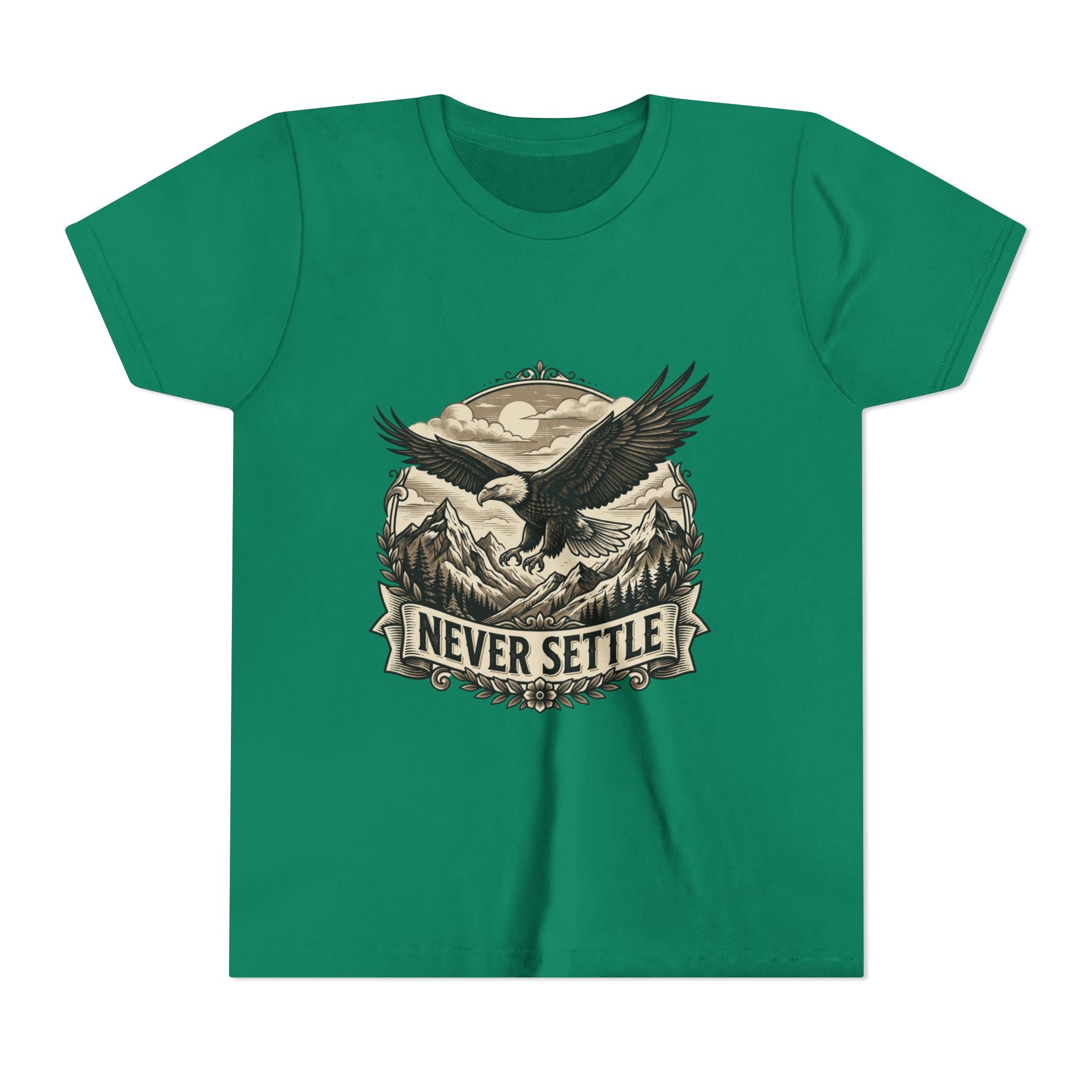 Never Settle Eagle Tee | Youth T-Shirt, Mountain Adventure Graphic