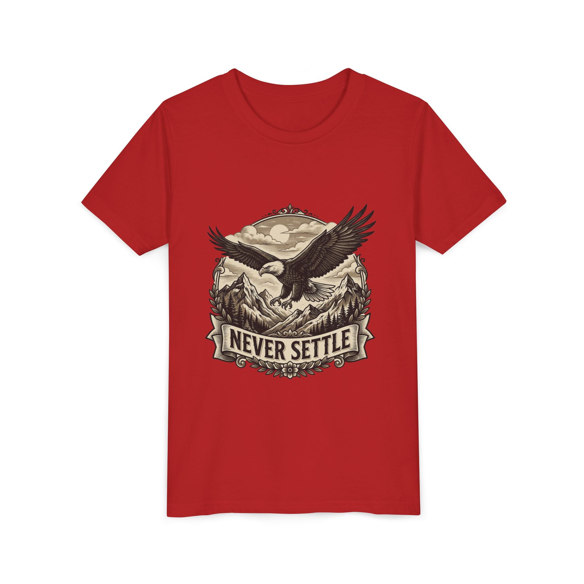 Never Settle Eagle Tee | Youth T-Shirt, Mountain Adventure Graphic
