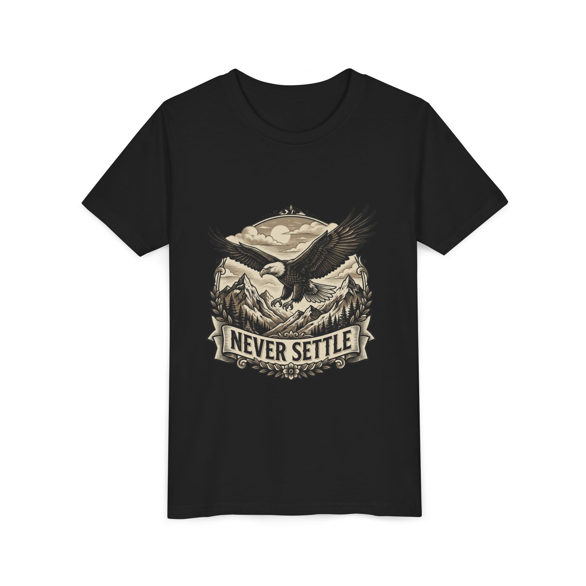 Never Settle Eagle Tee | Youth T-Shirt, Mountain Adventure Graphic