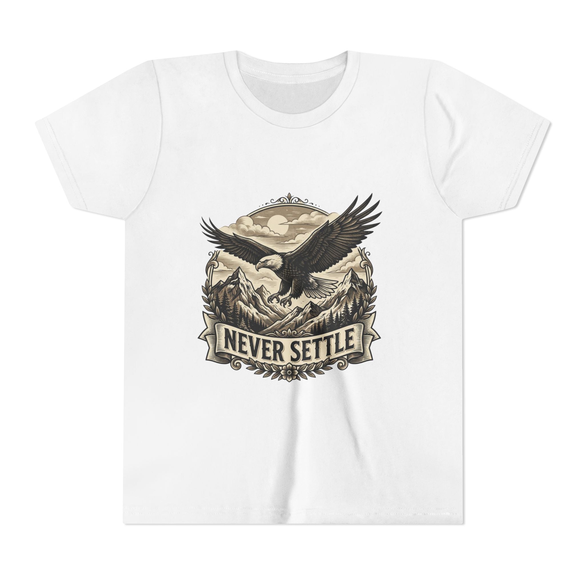 Never Settle Eagle Tee | Youth T-Shirt, Mountain Adventure Graphic