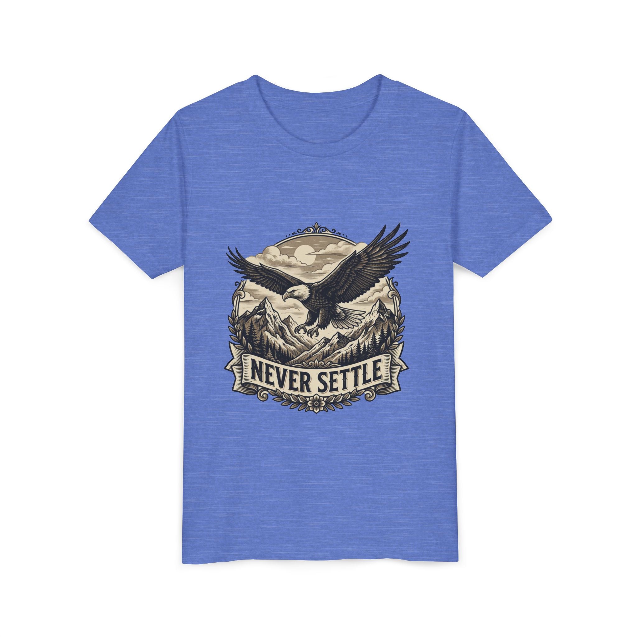 Never Settle Eagle Tee | Youth T-Shirt, Mountain Adventure Graphic