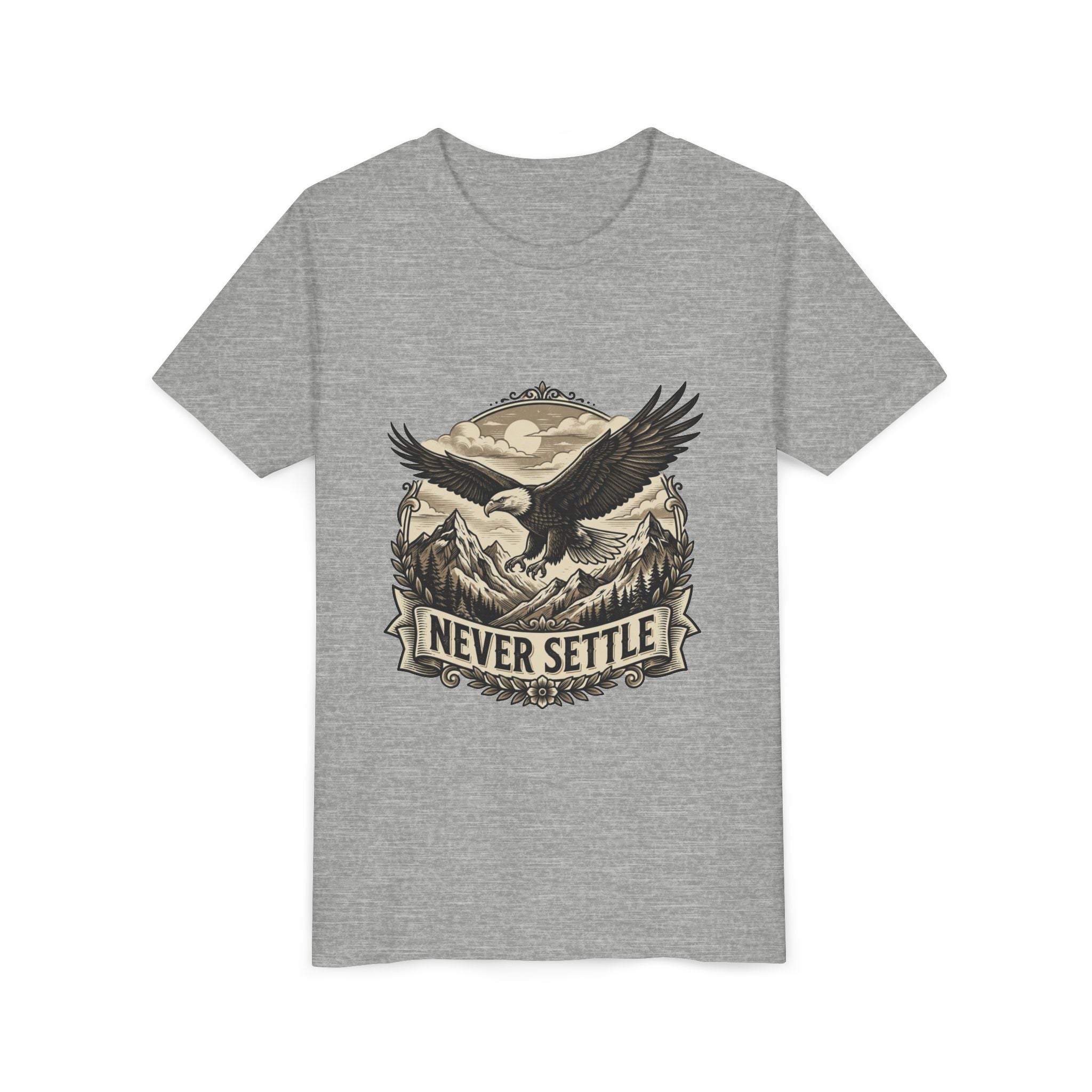 Never Settle Eagle Tee | Youth T-Shirt, Mountain Adventure Graphic