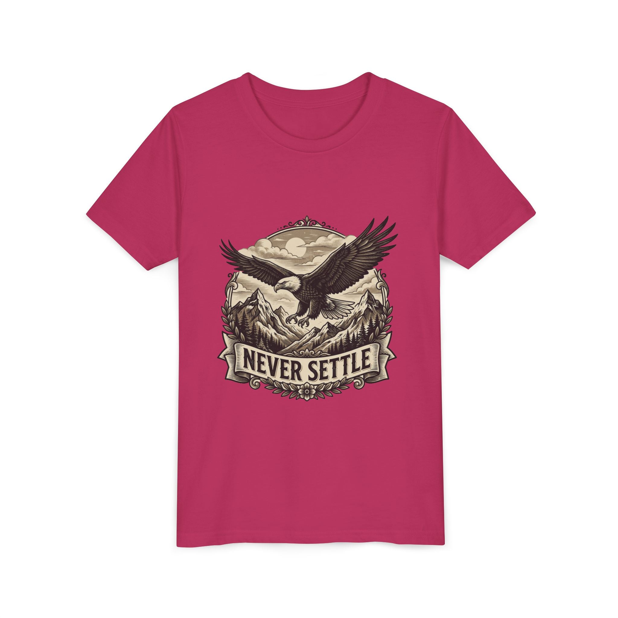 Never Settle Eagle Tee | Youth T-Shirt, Mountain Adventure Graphic