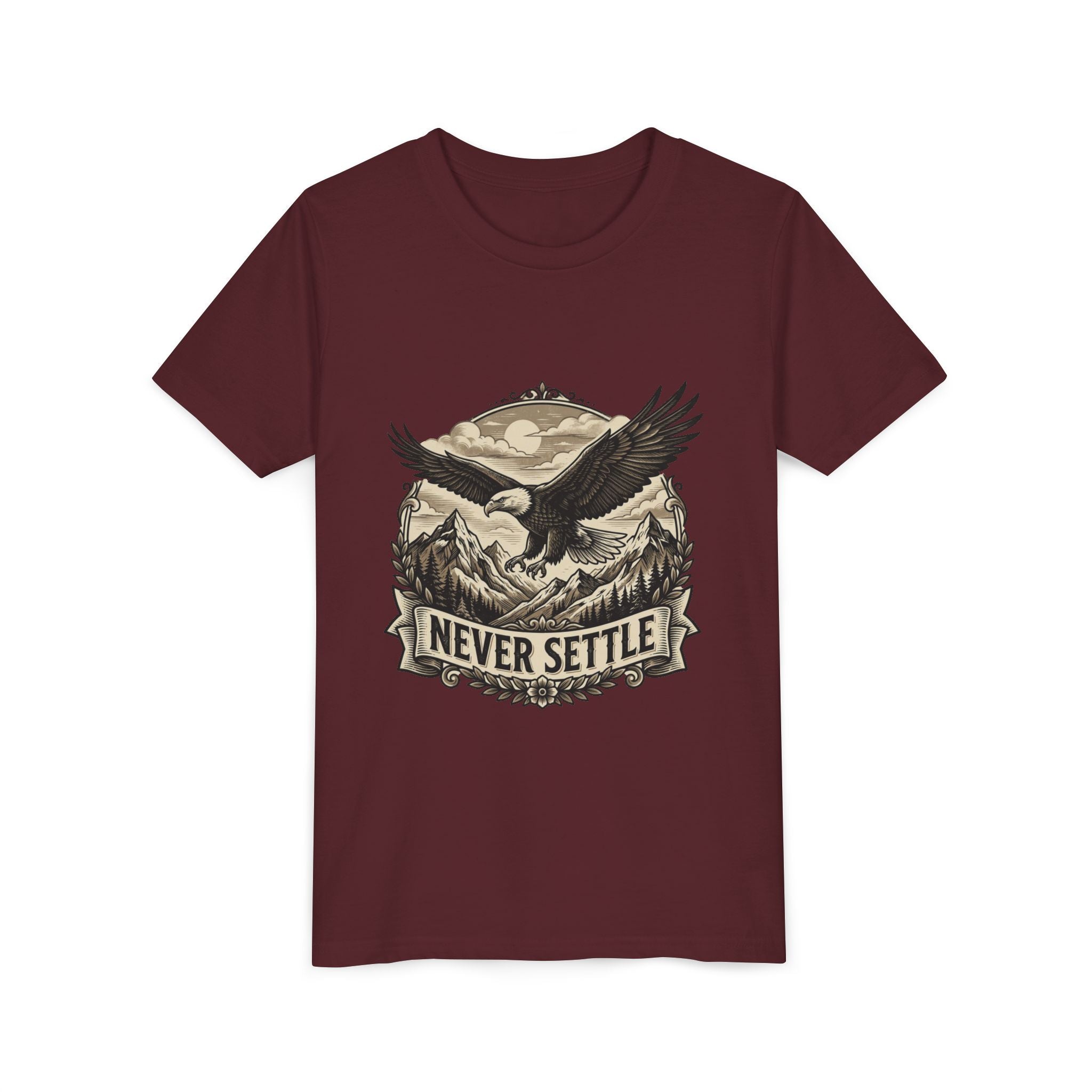 Never Settle Eagle Tee | Youth T-Shirt, Mountain Adventure Graphic