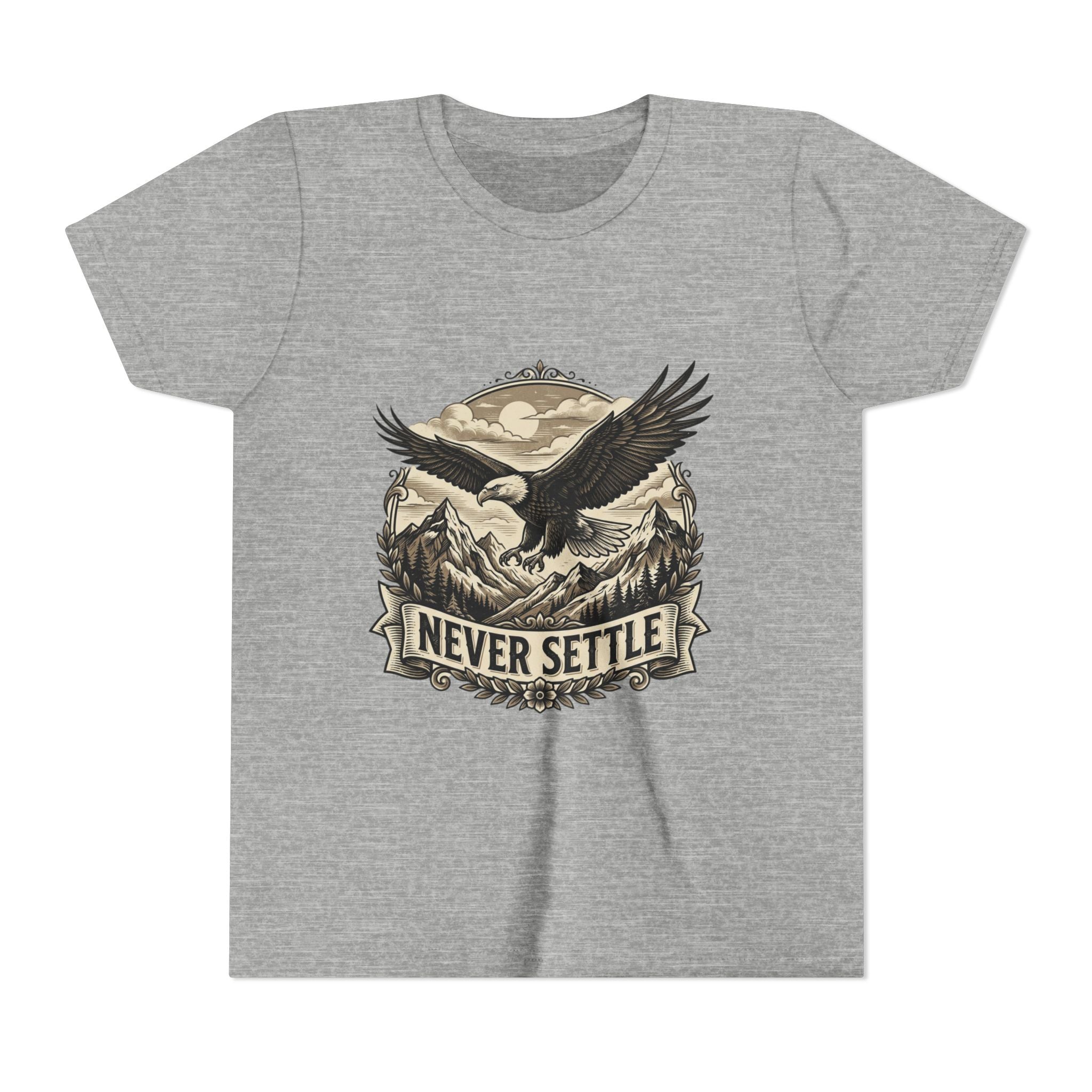 Never Settle Eagle Tee | Youth T-Shirt, Mountain Adventure Graphic