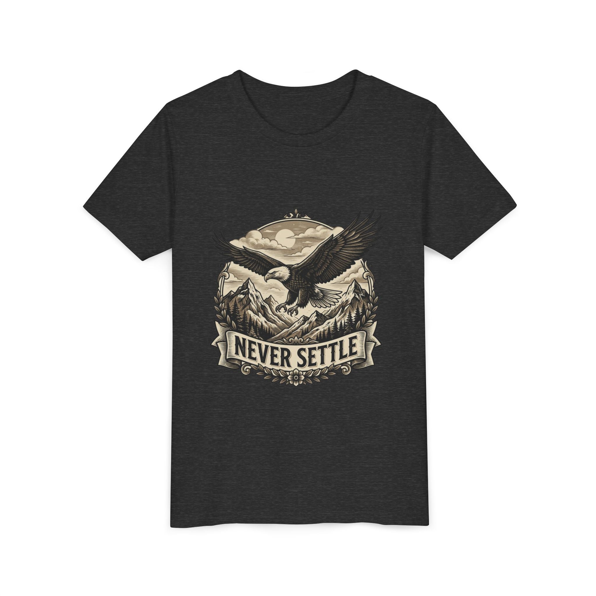 Never Settle Eagle Tee | Youth T-Shirt, Mountain Adventure Graphic