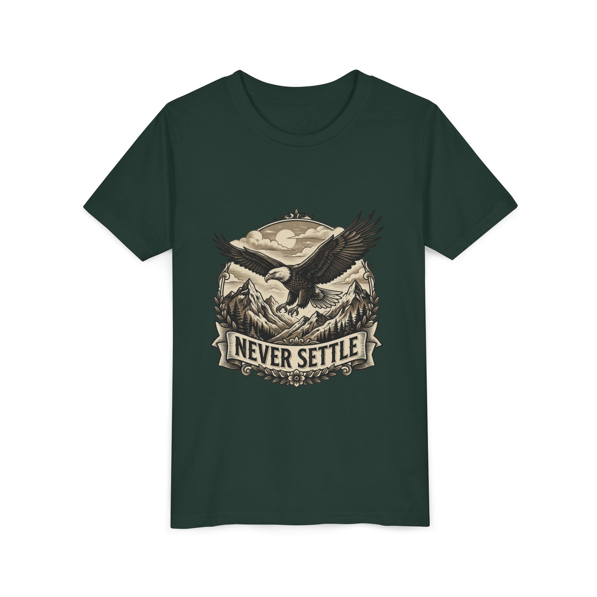 Never Settle Eagle Tee | Youth T-Shirt, Mountain Adventure Graphic