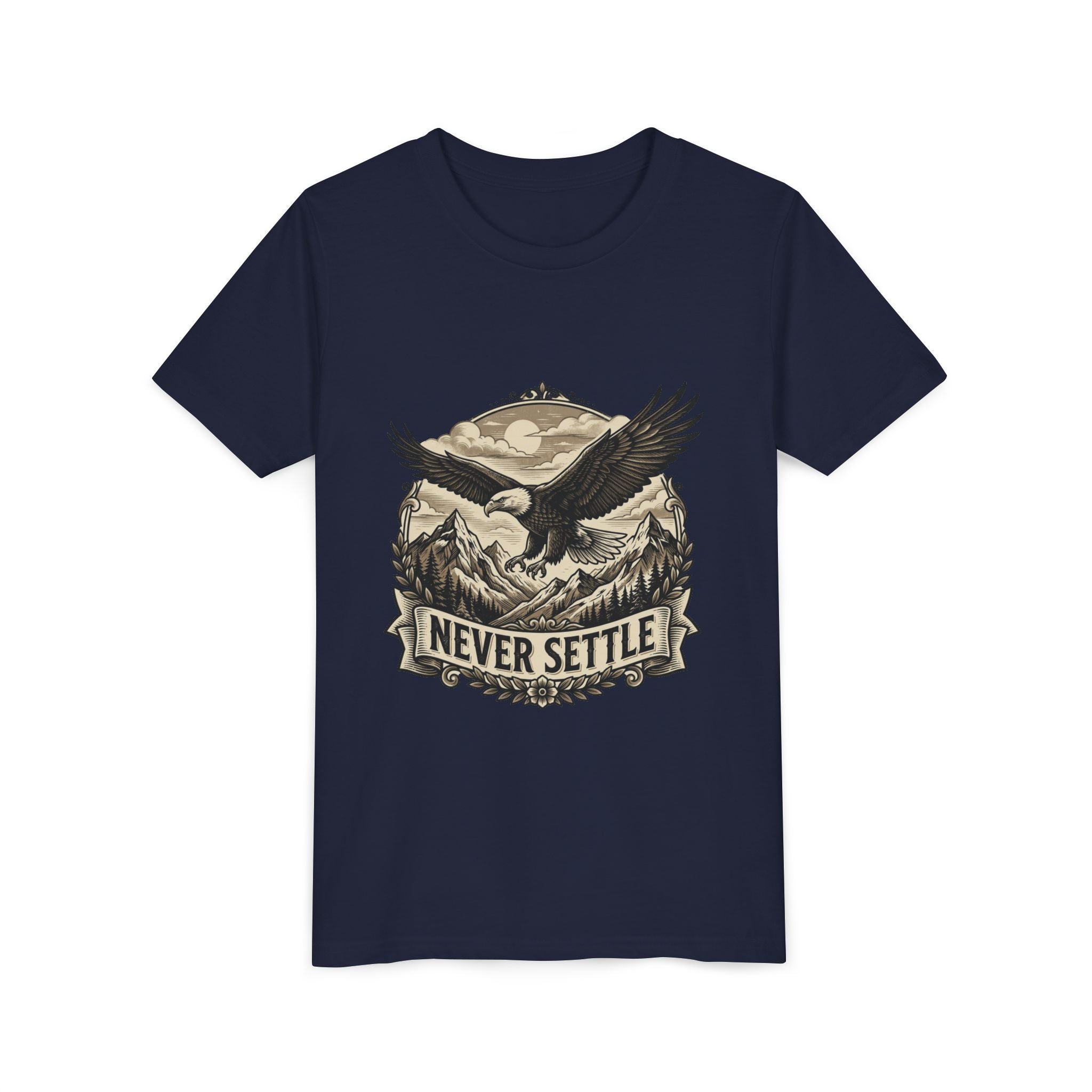 Never Settle Eagle Tee | Youth T-Shirt, Mountain Adventure Graphic