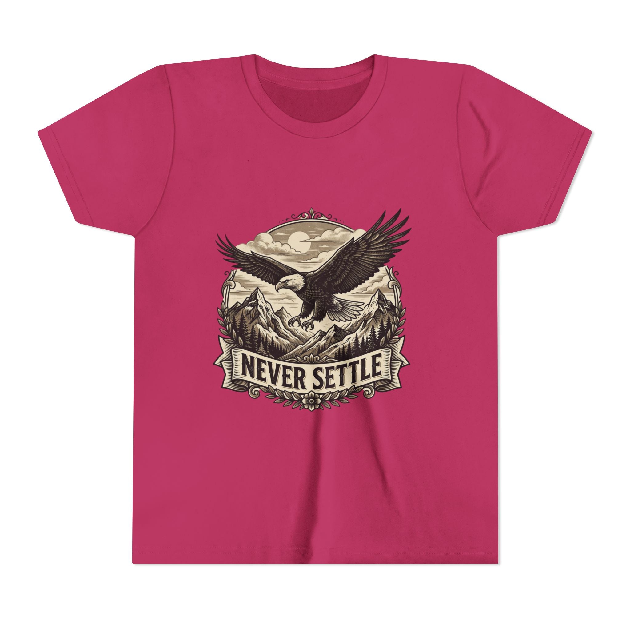 Never Settle Eagle Tee | Youth T-Shirt, Mountain Adventure Graphic