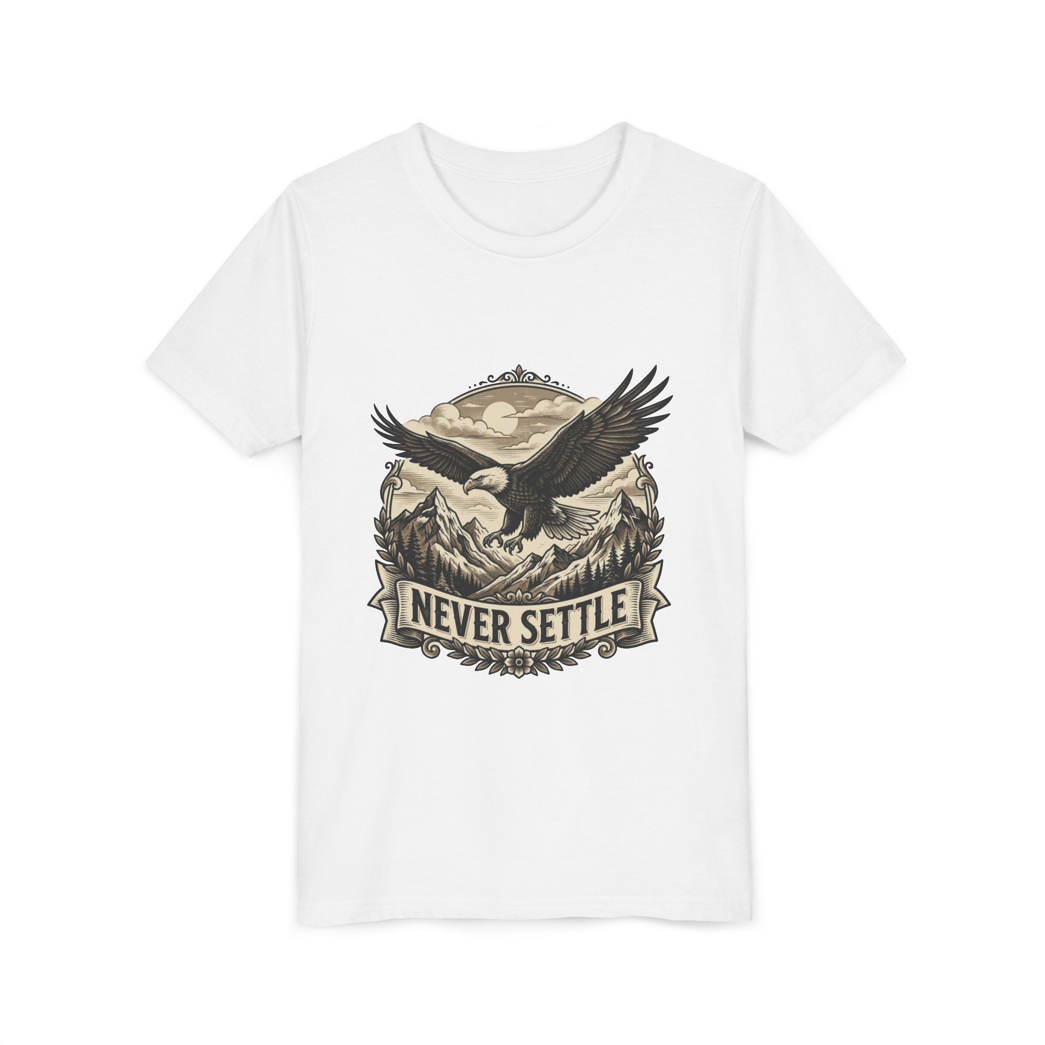 Never Settle Eagle Tee | Youth T-Shirt, Mountain Adventure Graphic